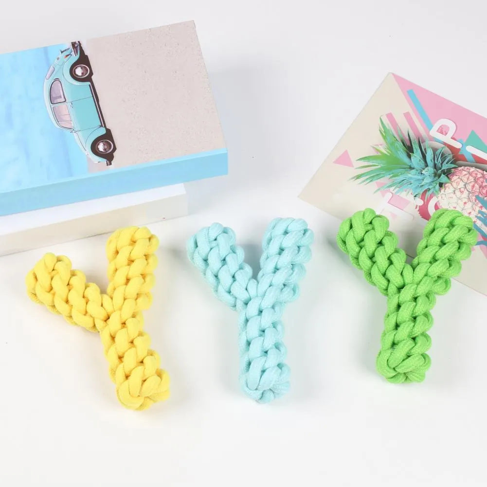 Y-shaped blue cotton rope dog toy for large breed dental health and chewing