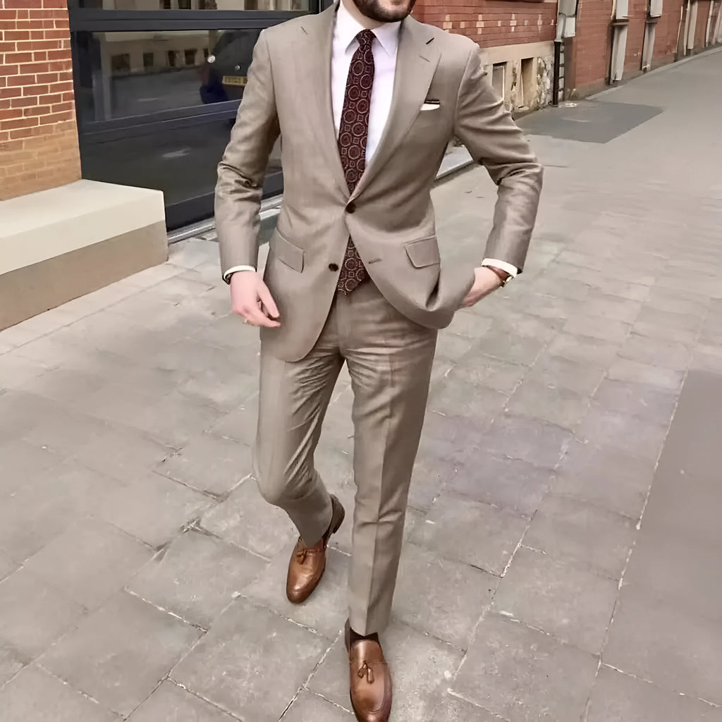 Men's slim fit two-button acetate business suit in light purple, showing jacket and trousers.