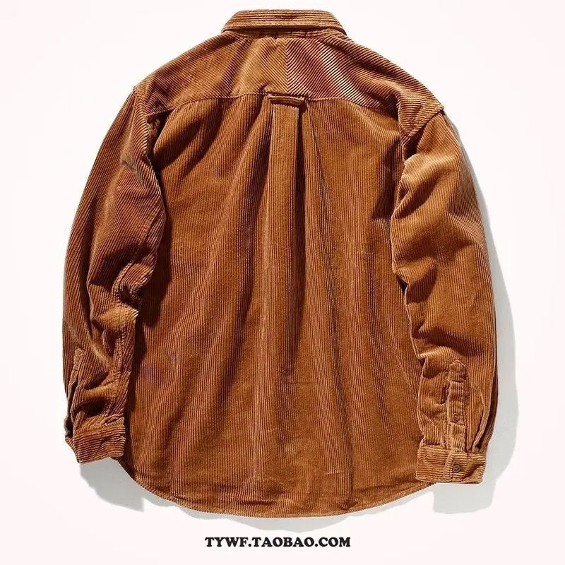 Loose fit caramel corduroy long sleeve shirt with a cardigan style on a hanger.
