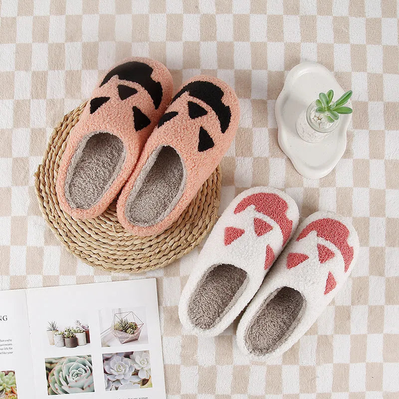 Halloween pumpkin cartoon thermal winter cotton slippers with suede upper, non-slip TPR sole, available in black and watermelon red