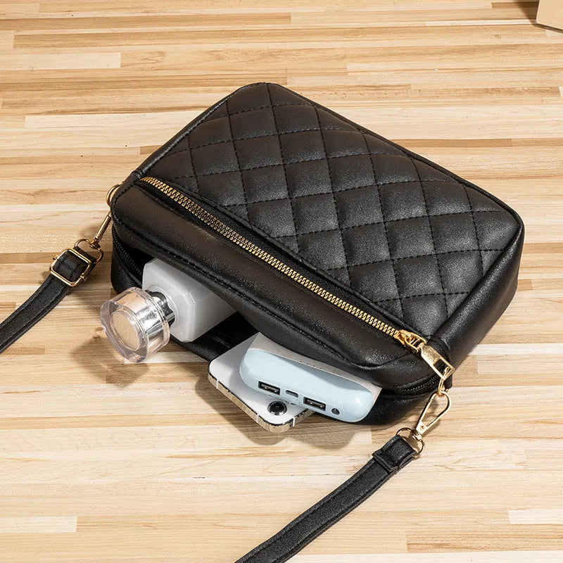 PU crossbody bag with diamond mesh stitching, horizontal square shape, available in white black or pink