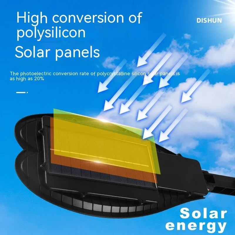 Outdoor solar garden lamp with 6-eye sword design and remote control on a grassy pathway.