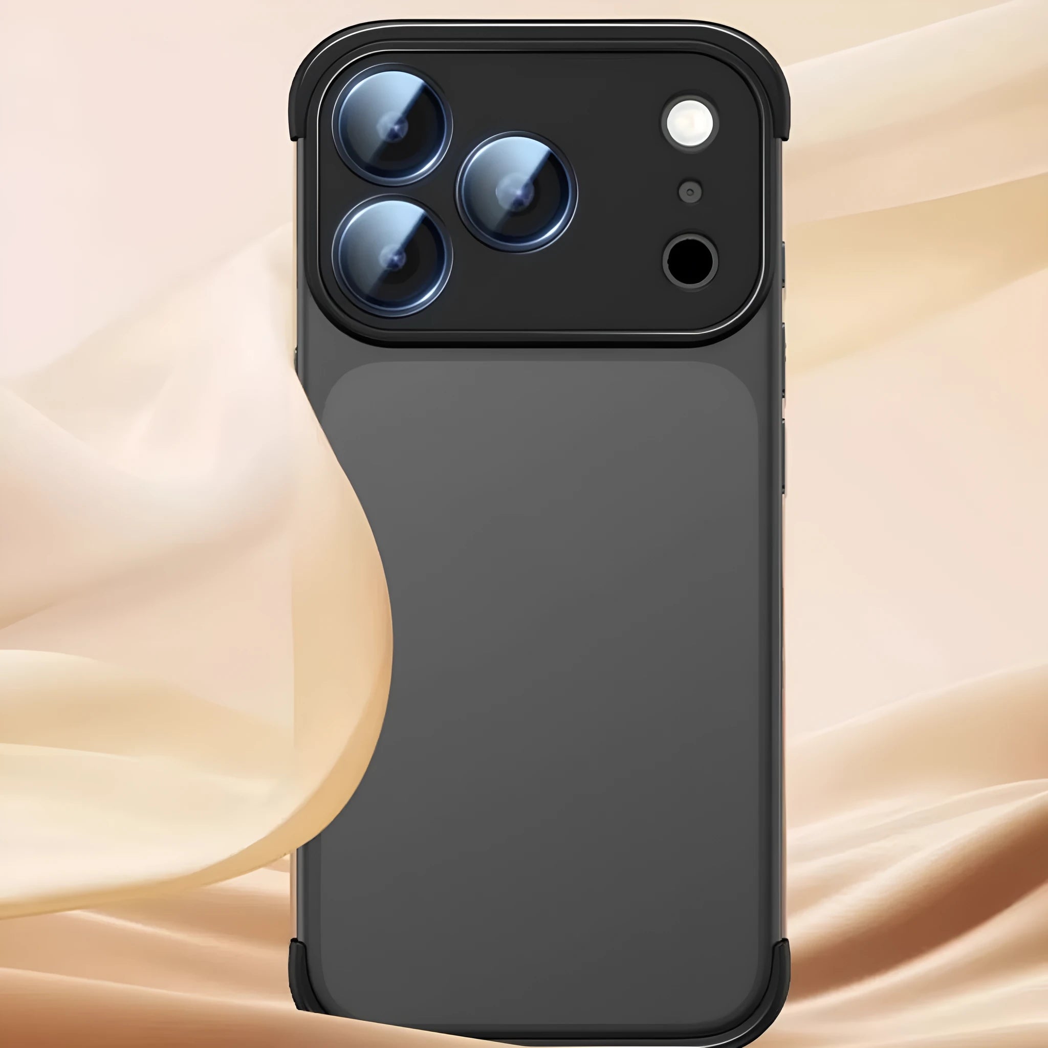 iPhone 17 phone case in simple shell design showing four colour options: black, orange, grey, and desert