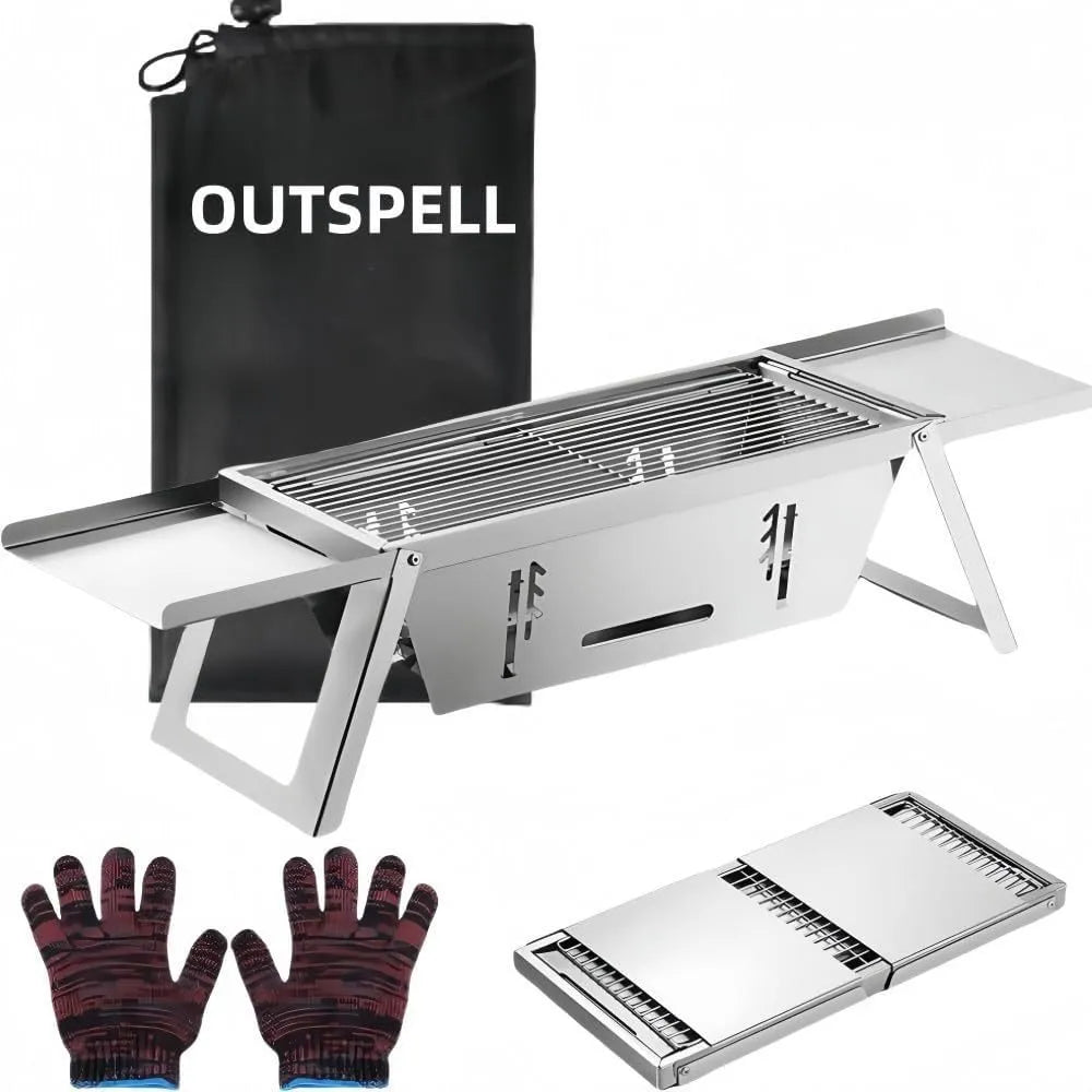 Small collapsible charcoal barbecue grill with folded legs, shown flat-packed.