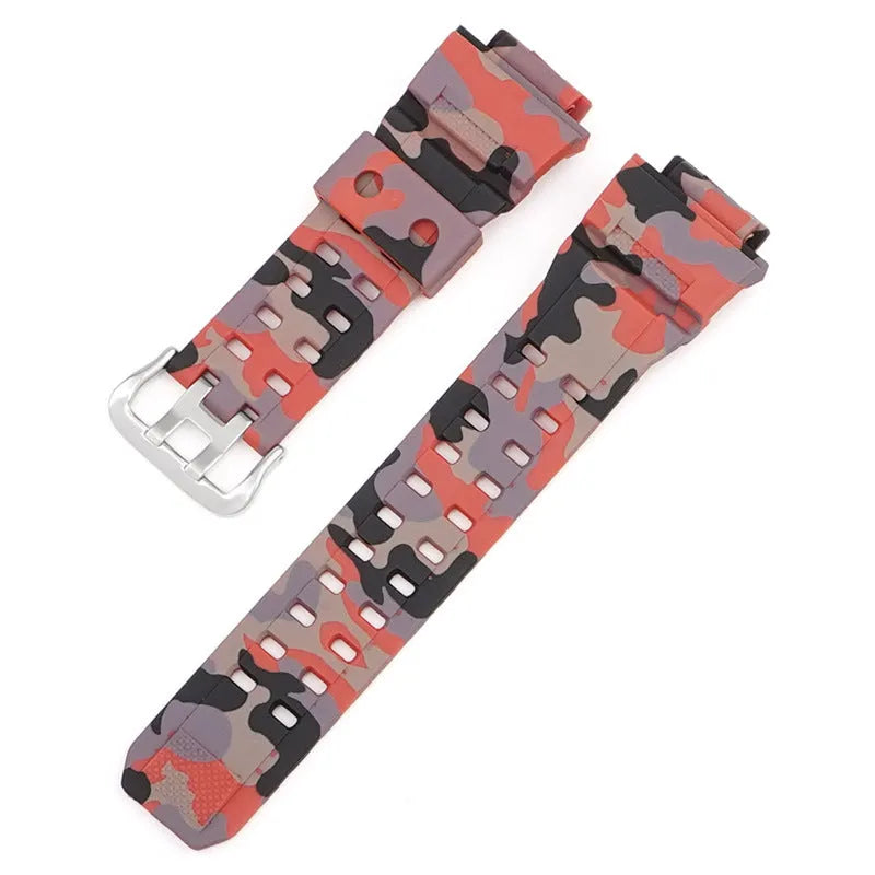 Camouflage pattern TPU watch strap with silver buckle on a grey background.