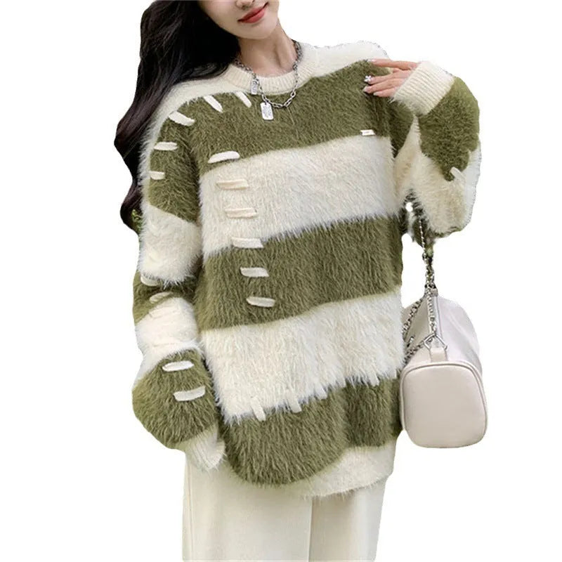 Women's loose fit striped pullover sweater in green or pink, one size, polyester