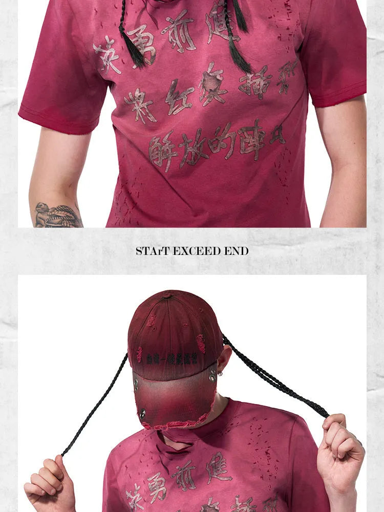 Rose red distressed peaked baseball cap with adjustable back strap and spray-painted vintage finish