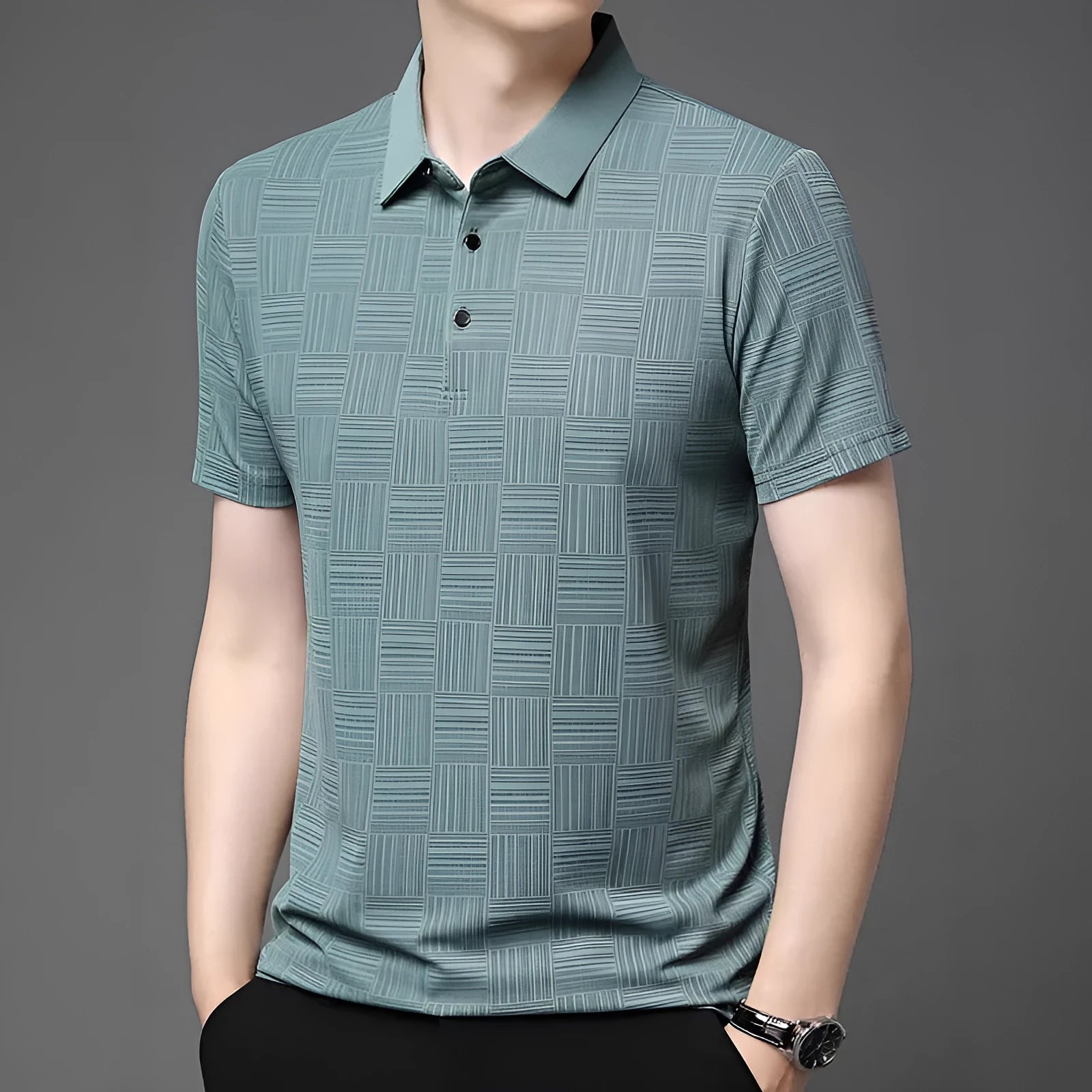 Men's slim fit lapel collar t-shirt in chemical fibre blend fabric, shown in multiple colour options