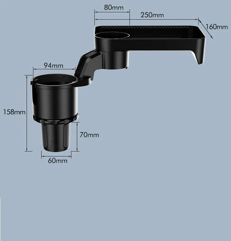 Black ABS plastic car-mounted rotating dinner tray holder installed in a vehicle cup holder.