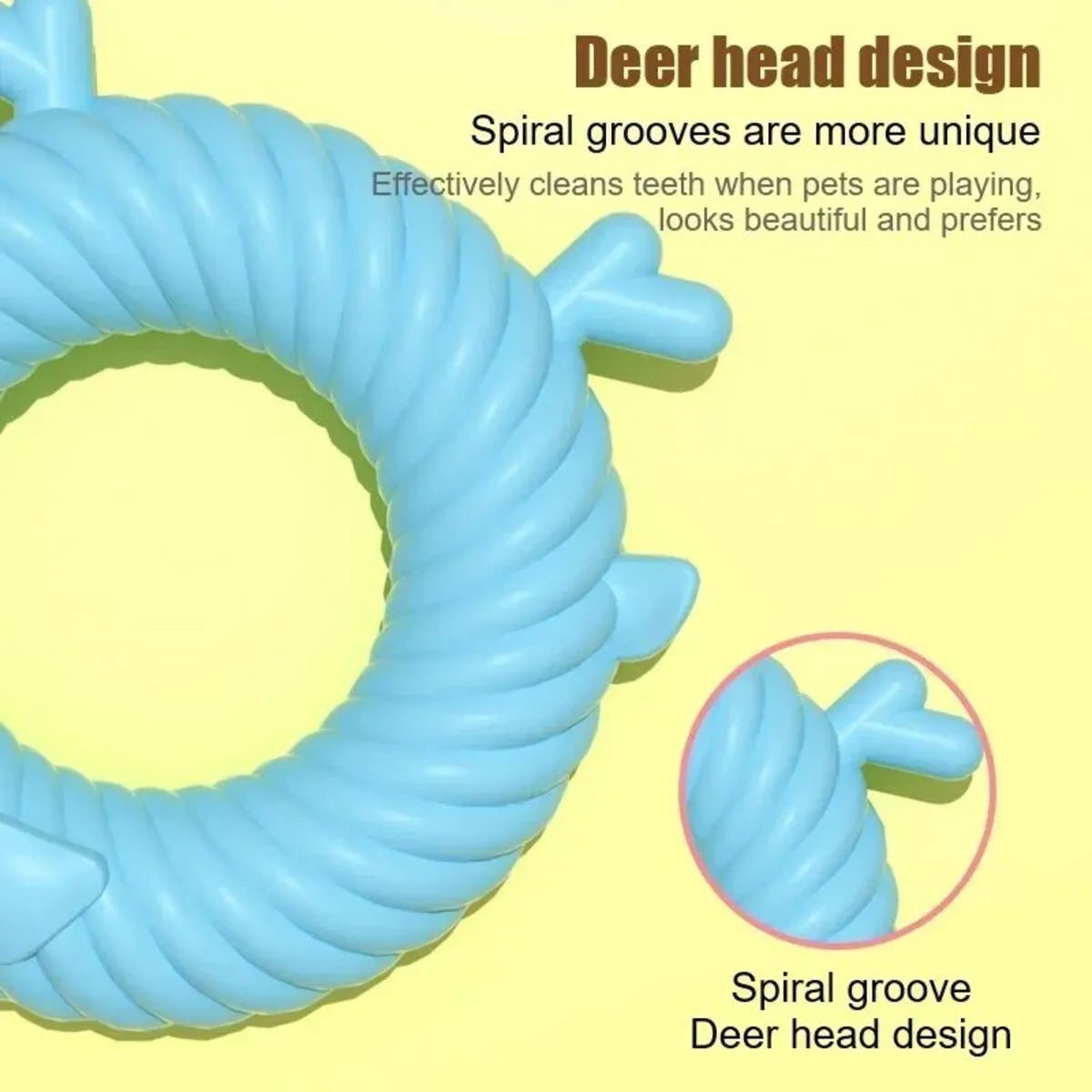 Deer-shaped dog teething toy with spiral grooves in blue, pink, or green colour options