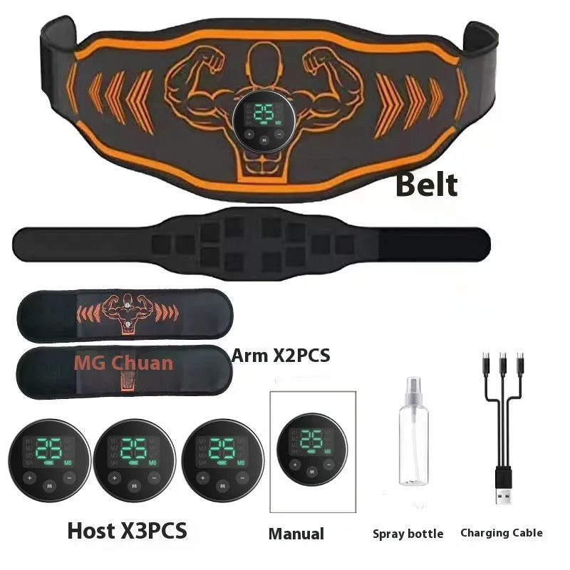 Smart Massage Belt EMS fitness equipment with blue and orange host units on a grey belt