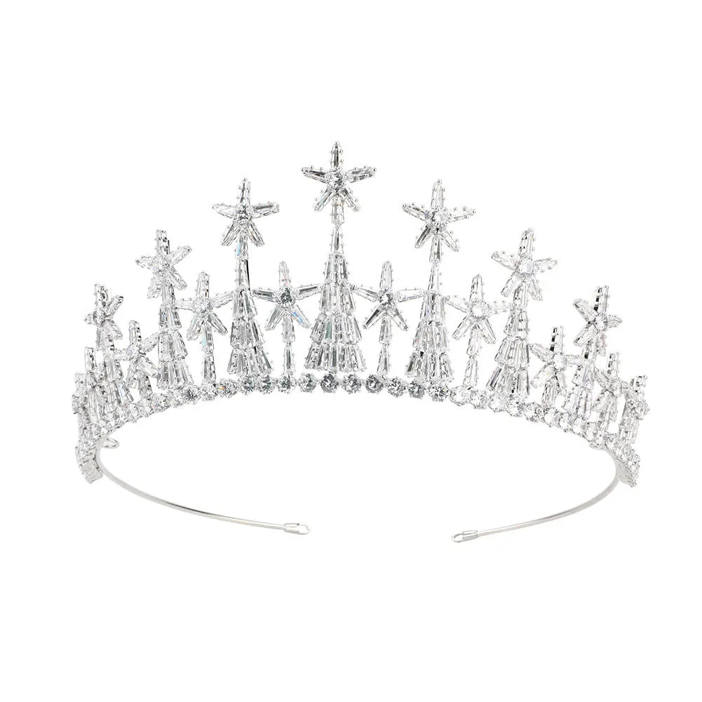 Copper bridal crown with zircon accents in gold finish on a stand