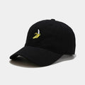 Cute banana fruit embroidered soft top baseball cap on adjustable strap, shown in peacock blue colour.