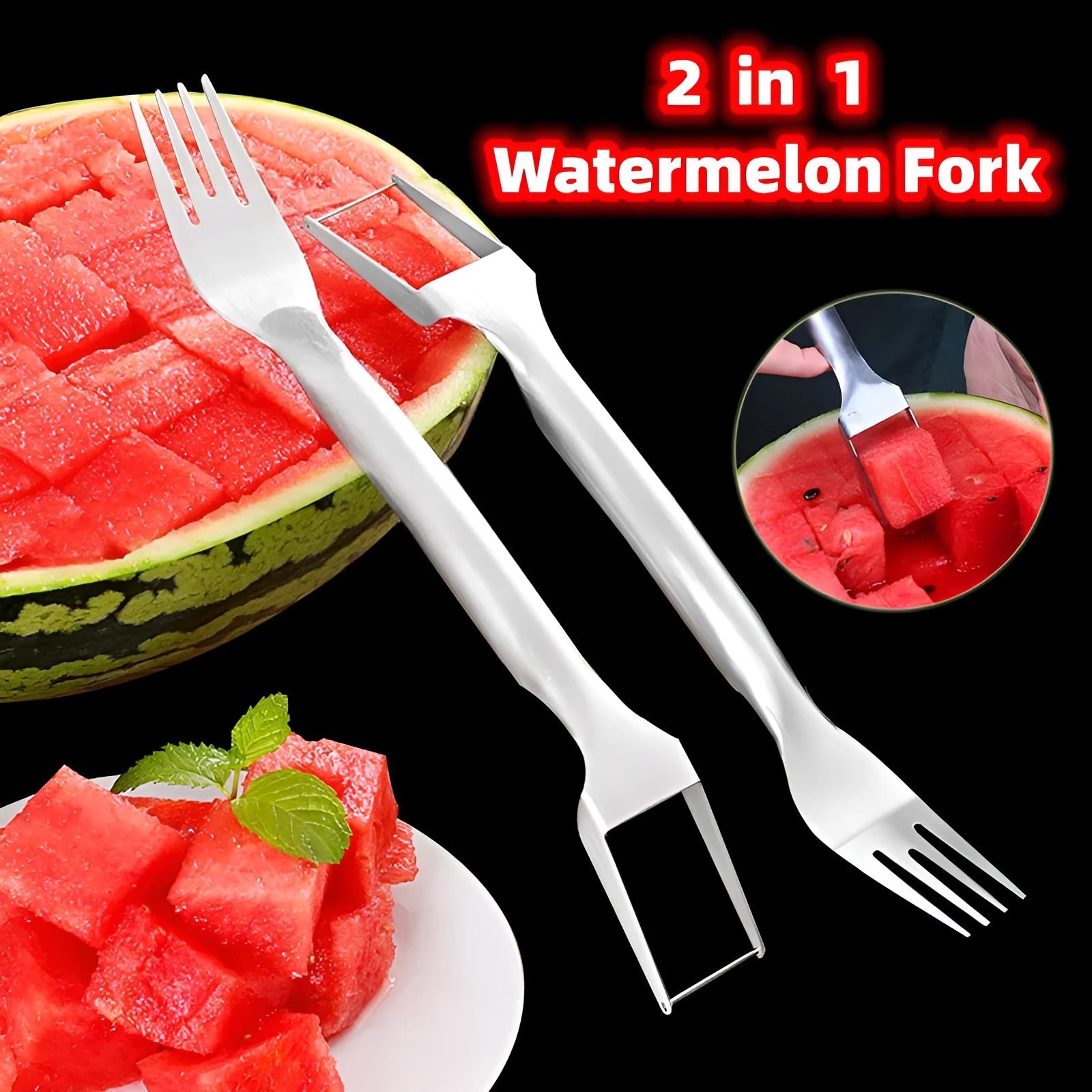 Stainless steel watermelon slicer and fork tool on a kitchen counter
