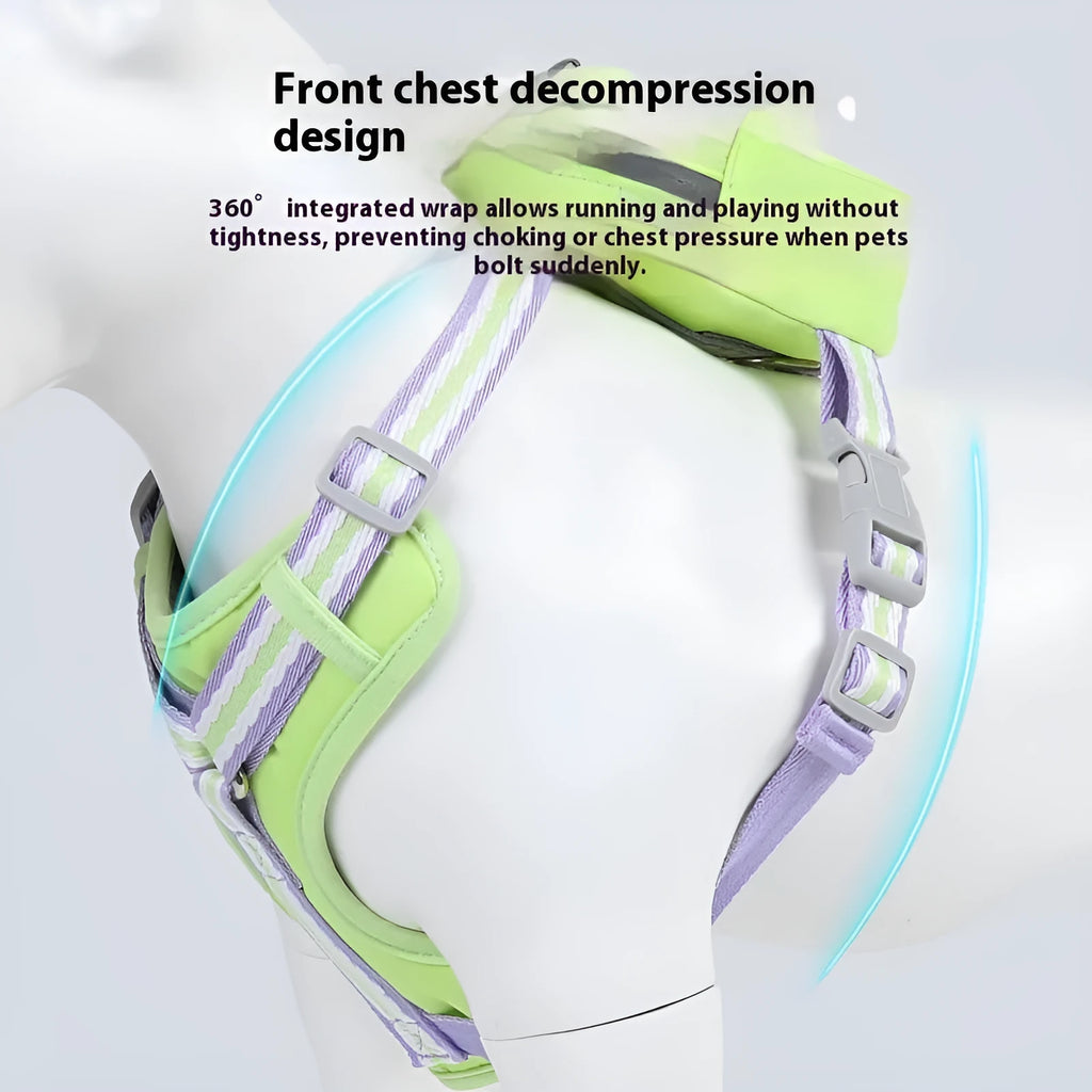 Pink explosion-proof anti-strangulation dog harness with 1.5m lead on a grassy background.