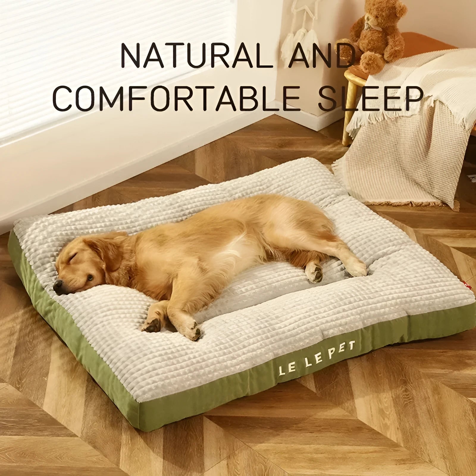 Detachable fleece blanket and cushion dog bed for pets in green colour