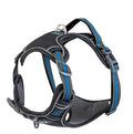 Nylon traction strap pet harness with reflective strips in army green, side view on white background