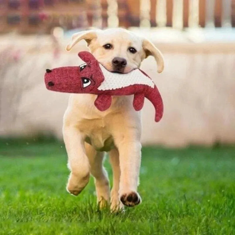 Corn cob plush pet toy in blue, green and red colours with biting sound mechanism