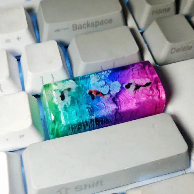 Resin keycap with koi fish and scenery artwork for Cherry MX mechanical keyboard switches