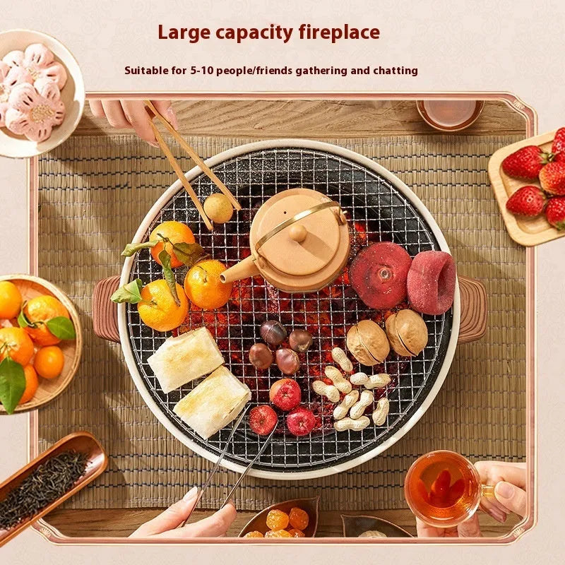 Modern portable charcoal cooking stove with integrated metal grill rack, for indoor use by 3-5 people.