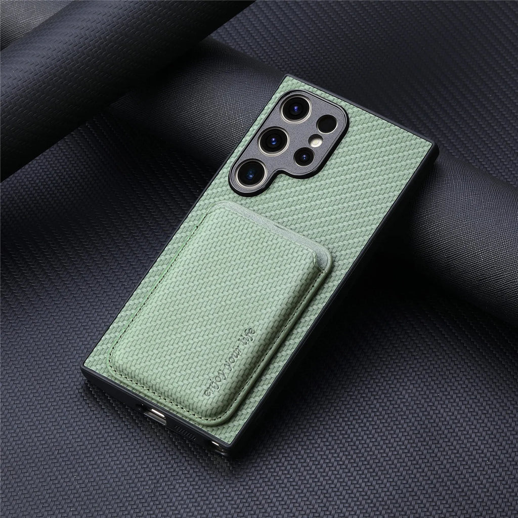 Leather phone case with built-in suction Magsafe card holder for Samsung, available in black, green, and brown.