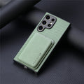 Leather phone case with built-in suction Magsafe card holder for Samsung, available in black, green, and brown.
