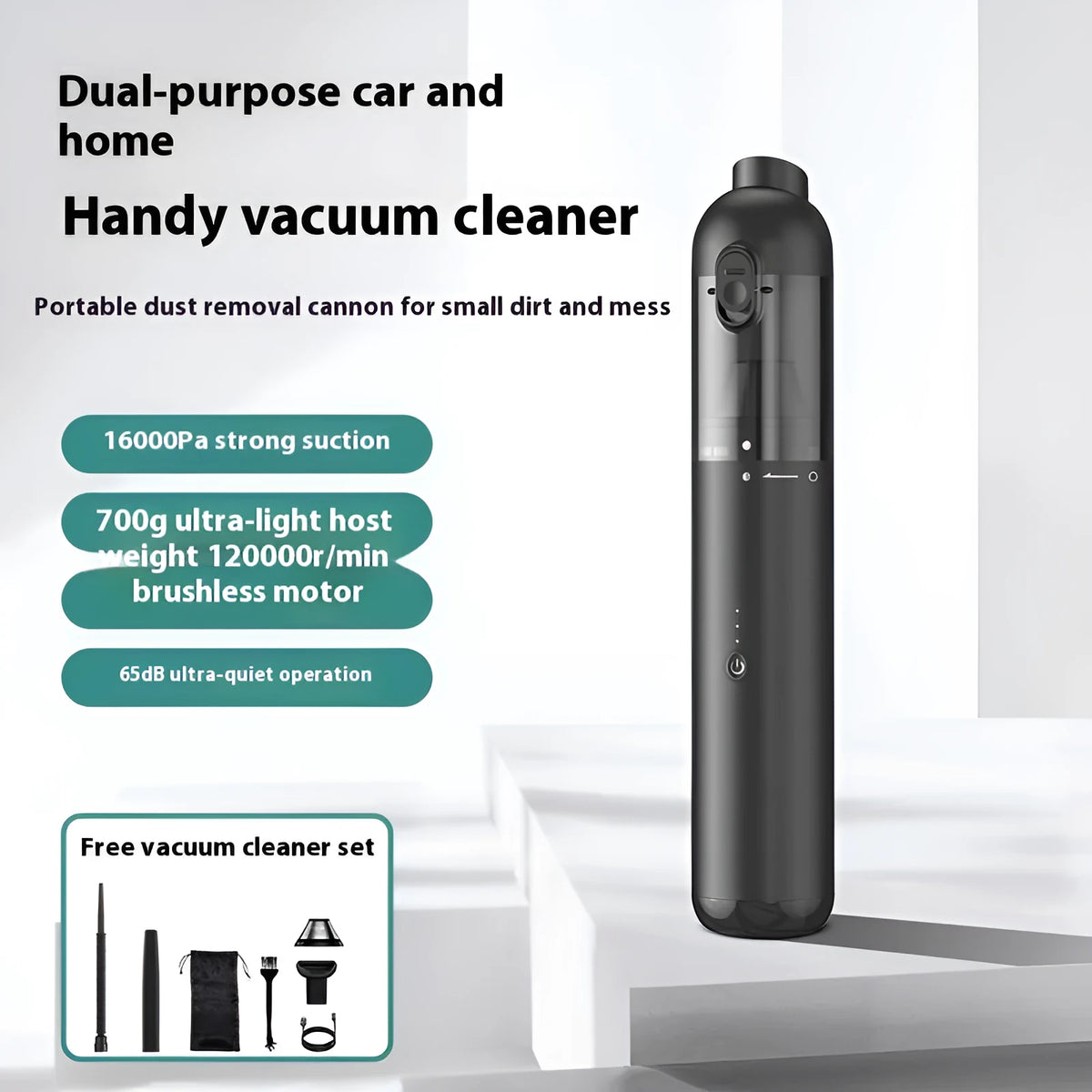 Black handheld wireless cleaner with attachments on a table, 70W rechargeable dust blower for car and home use