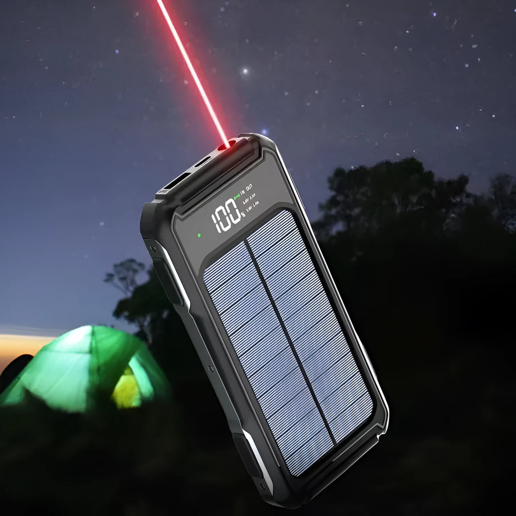 Military-grade mobile power bank in black, green, or orange, showing compact size next to a smartphone for scale.