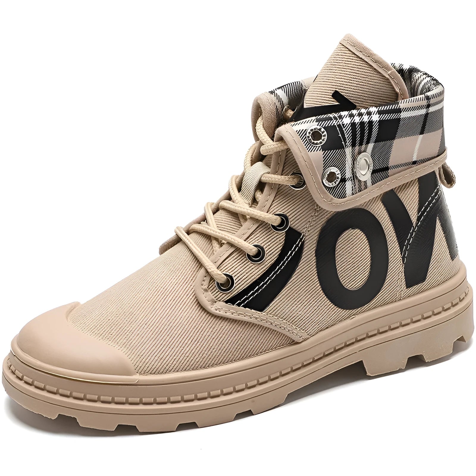 Canvas high-top Martin boots for women with cross straps and bows, in black, side view