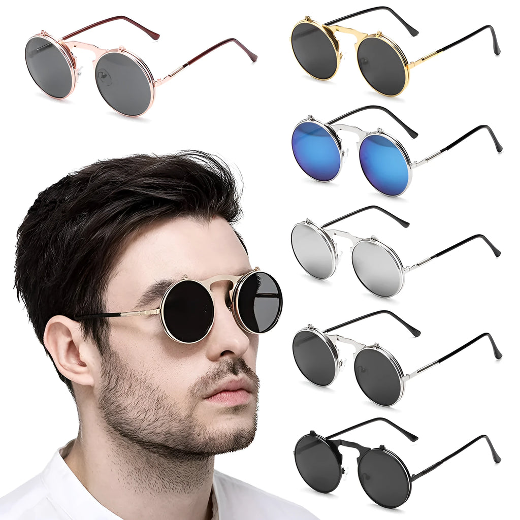 Vintage round steampunk flip-up sunglasses with metal frame, available in multiple colours