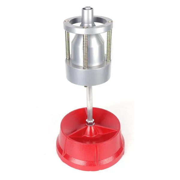 Portable aluminium hub balancer for car wheels with bull's eye level on a non-rust enamel base.