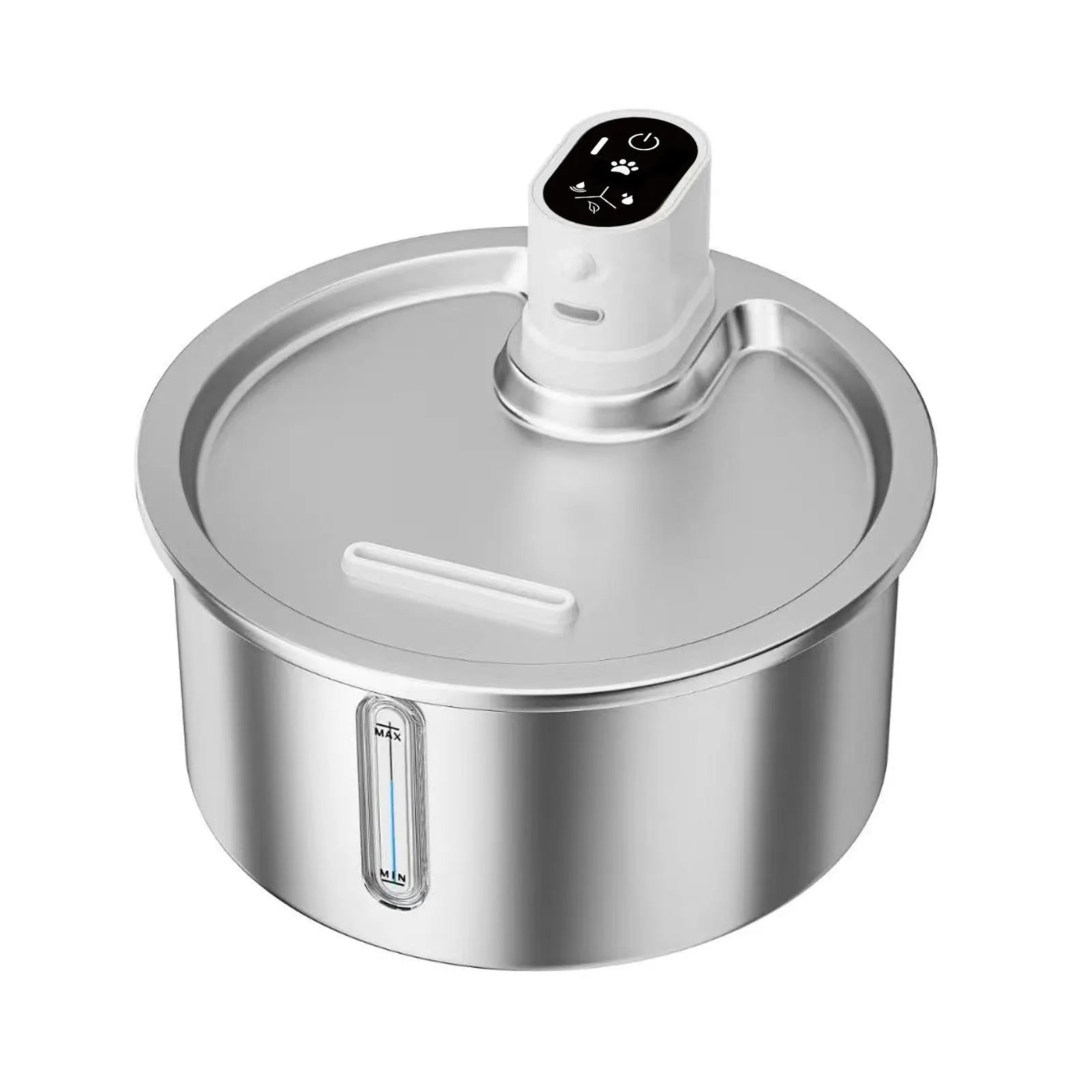 Stainless steel heated pet water fountain with a white base and temperature control settings.