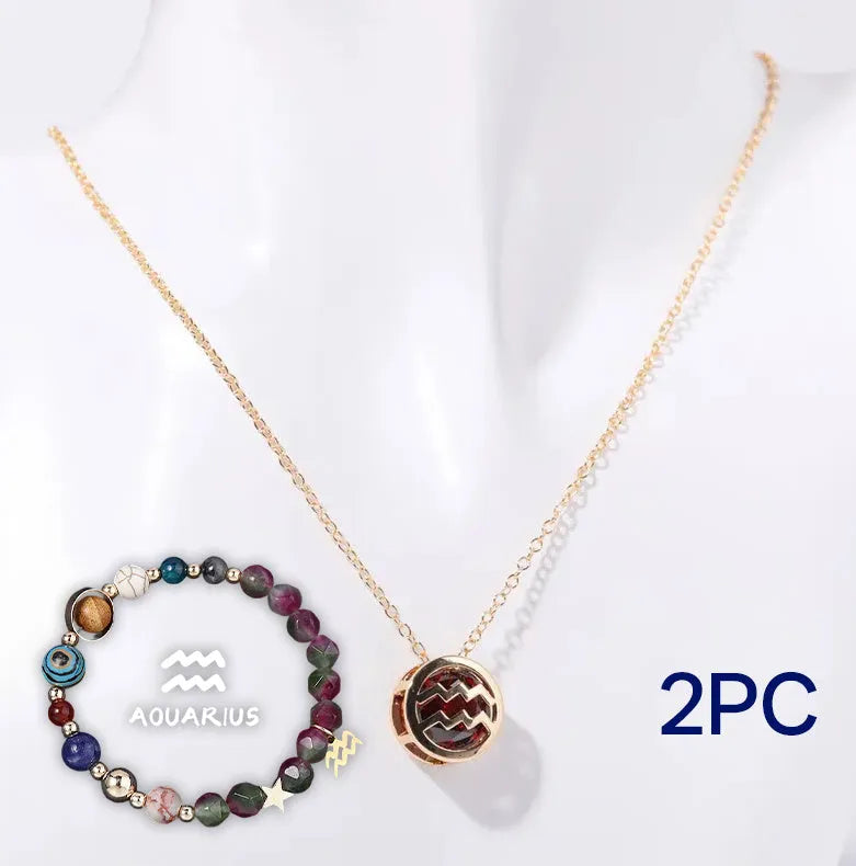 A natural stone beaded bracelet and necklace set laid out flat, showing matching bead styles.
