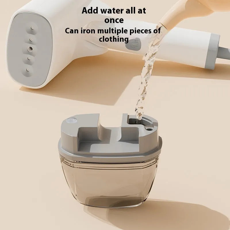 Blue and white handheld garment steamer with 1300W power rating and 85ml water tank