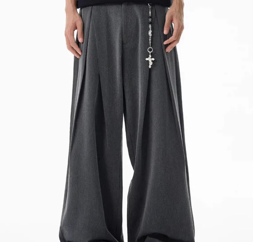 Double pleated profile suit pants for men and women – mid waist straight leg, non-ironing polyester, available in black and dark gray, sizes S to XL