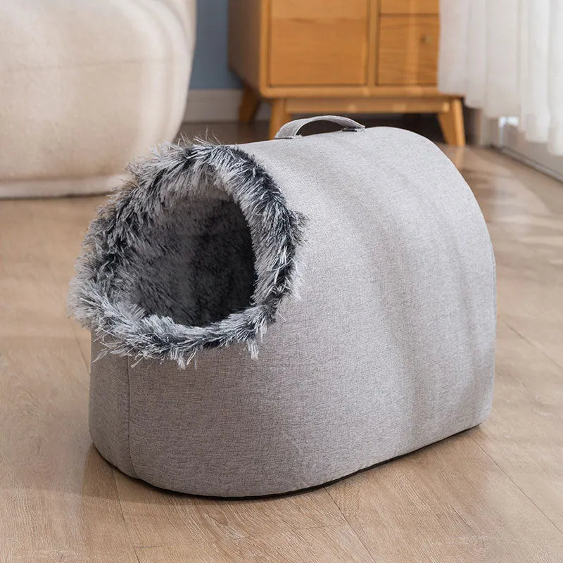 Grey fleece-lined closed cat sleeping bag nest measuring 50x40x34cm