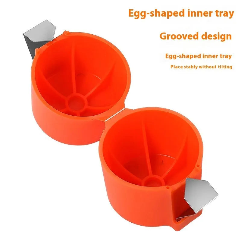 Colourful egg shell opener and beater kitchen tool made of stainless steel and plastic on a kitchen counter.