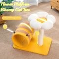 Yellow four-in-one cat tree with sisal scratching post and built-in tunnel.
