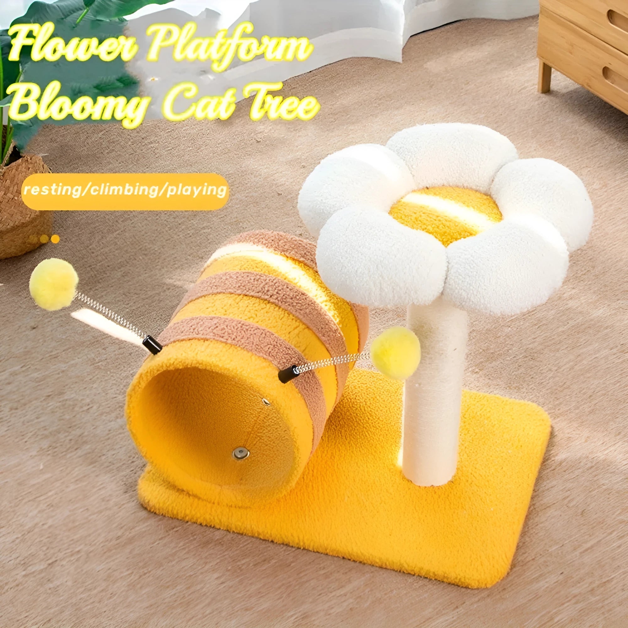 Yellow four-in-one cat tree with sisal scratching post and built-in tunnel.