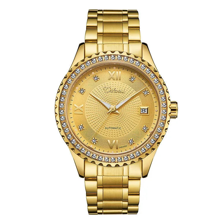 Fashionmonger men's gold automatic mechanical watch with black dial and luminous hands on a metal bracelet.