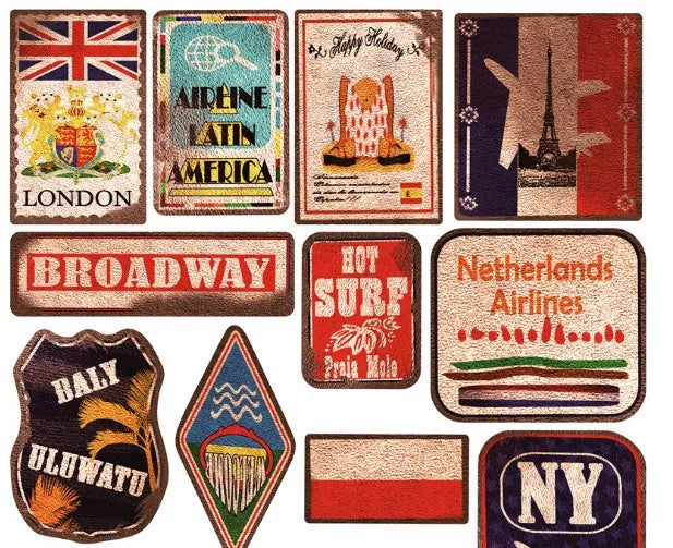 36 piece set of large retro beach stickers measuring 6-10cm with surfing designs on PVC material