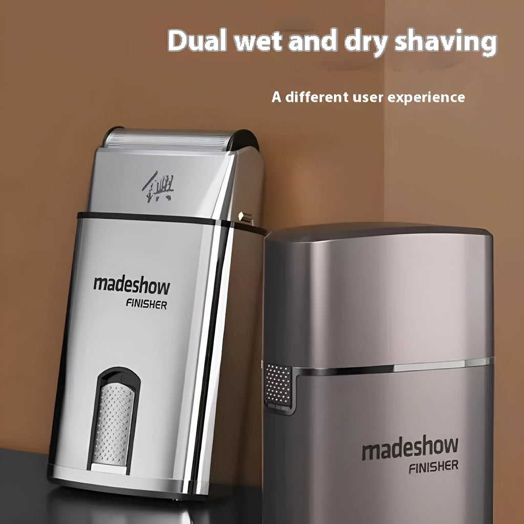Silver 36W USB rechargeable electric shaver with stainless steel cutter head on white background