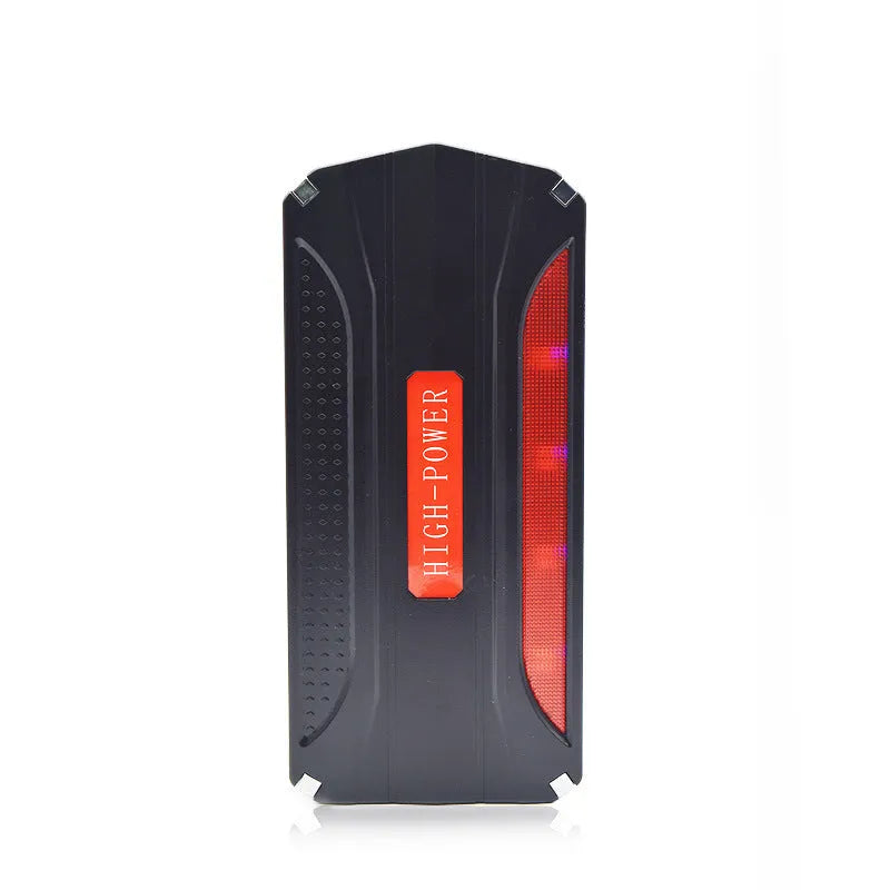 Black and red portable 12V vehicle jump starter power pack with carrying case.