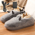 USB electric heating slippers in velvet, showing adjustable temperature control and USB cable.