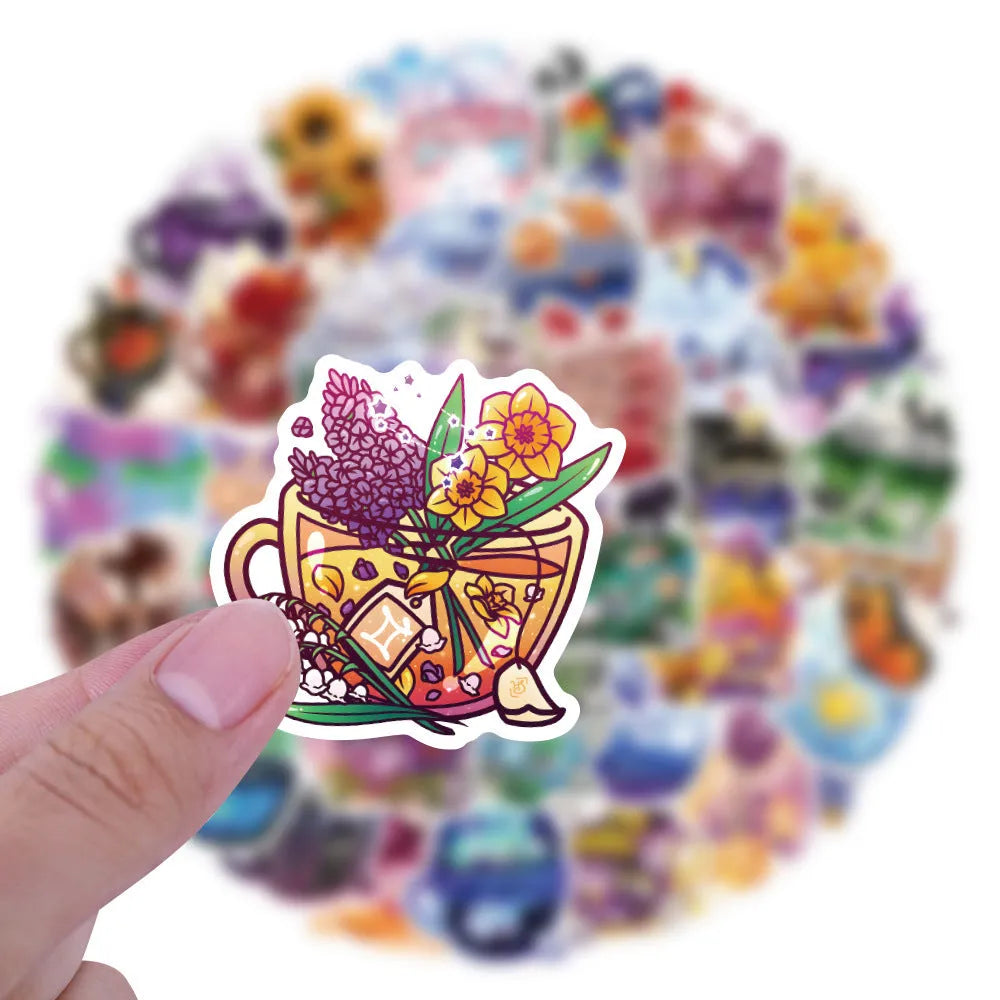 Pack of 50 colourful tea cup graffiti design vinyl stickers for scooters and luggage.