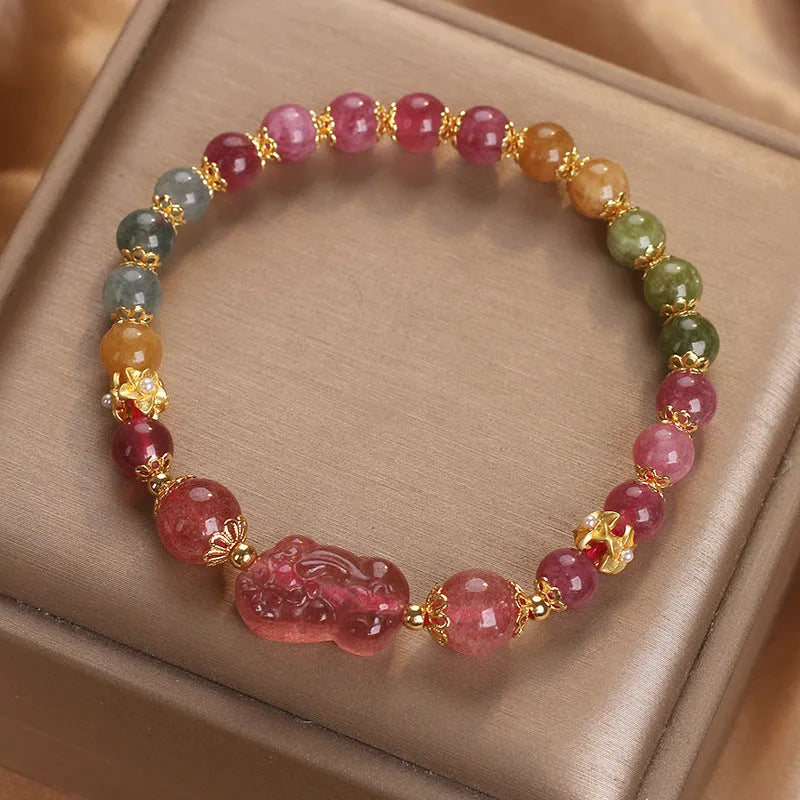 Women's pink and red strawberry quartz tourmaline Pi Xiu bracelet with electroplated finish