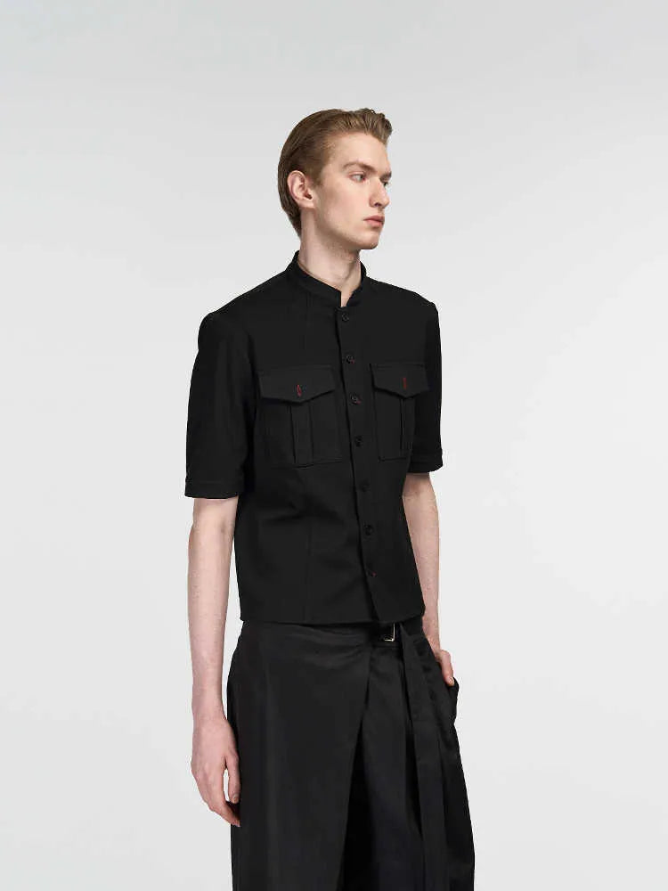 Black loose-fit half-sleeve hunting shirt with a shirt collar and handmade red eye design detail.