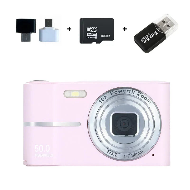 Compact HD 4K digital student camera in black, green, pink, or white with a lanyard and charging cable.