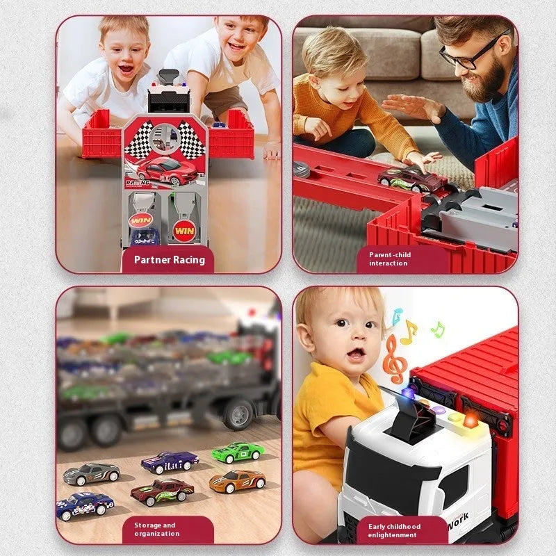 Children's deformation catapult truck rail car toy in plastic with red, blue, or yellow container truck and metal cars