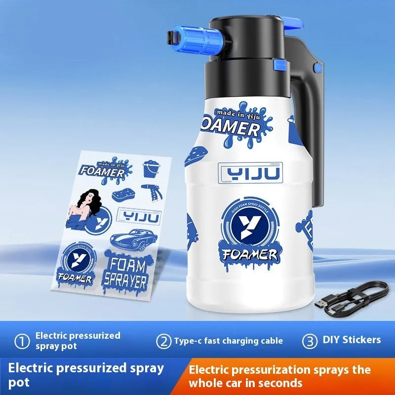 Hand-held blue car wash foam sprayer with 2L capacity and high-pressure water cannon attachment